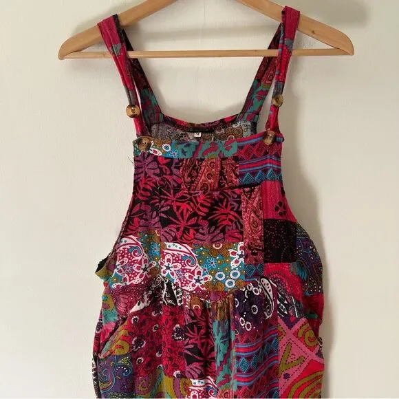 Patchwork Print Overalls Size Small Pockets Wide Leg Boho Festival Hippie - Picture 3 of 9